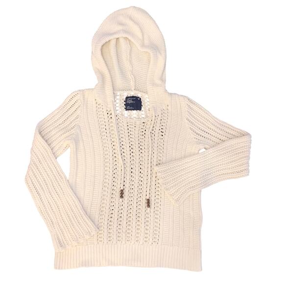 American Eagle Womens Sweater Large Cream Hooded Open Cable Knit Crochet Hoodie - Picture 2 of 11